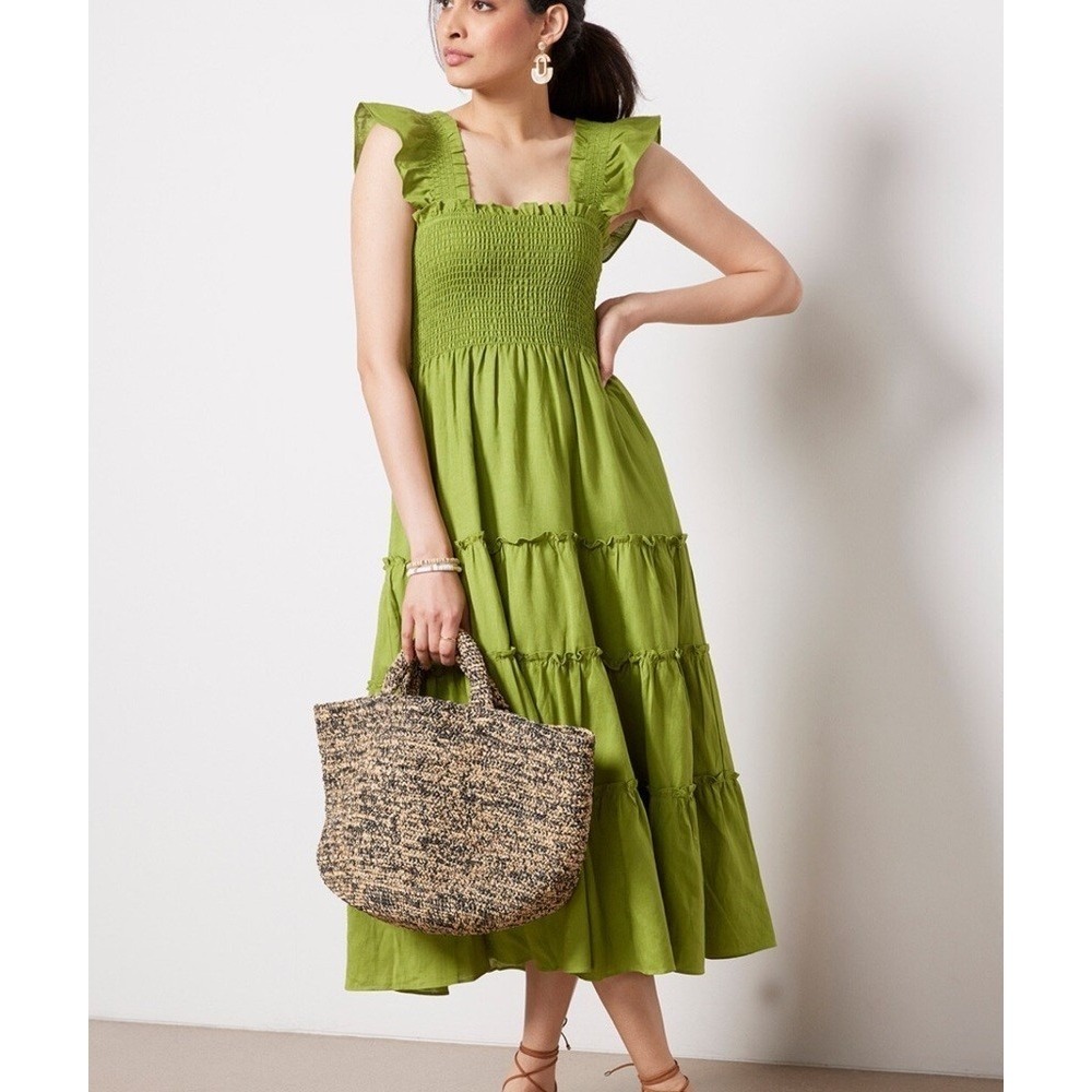 OPT Calypso Maxi Dress L Green Smocked Tier Ruffle Linen Blend Cottage Romantic